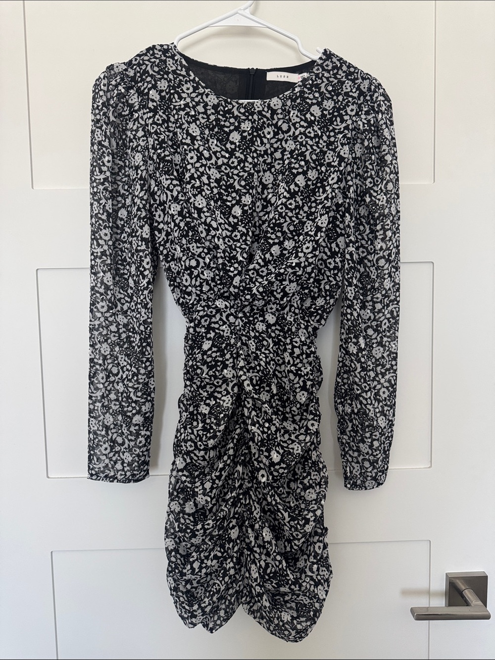Lush Black & White Floral Ruched Long-Sleeve Mini Dress